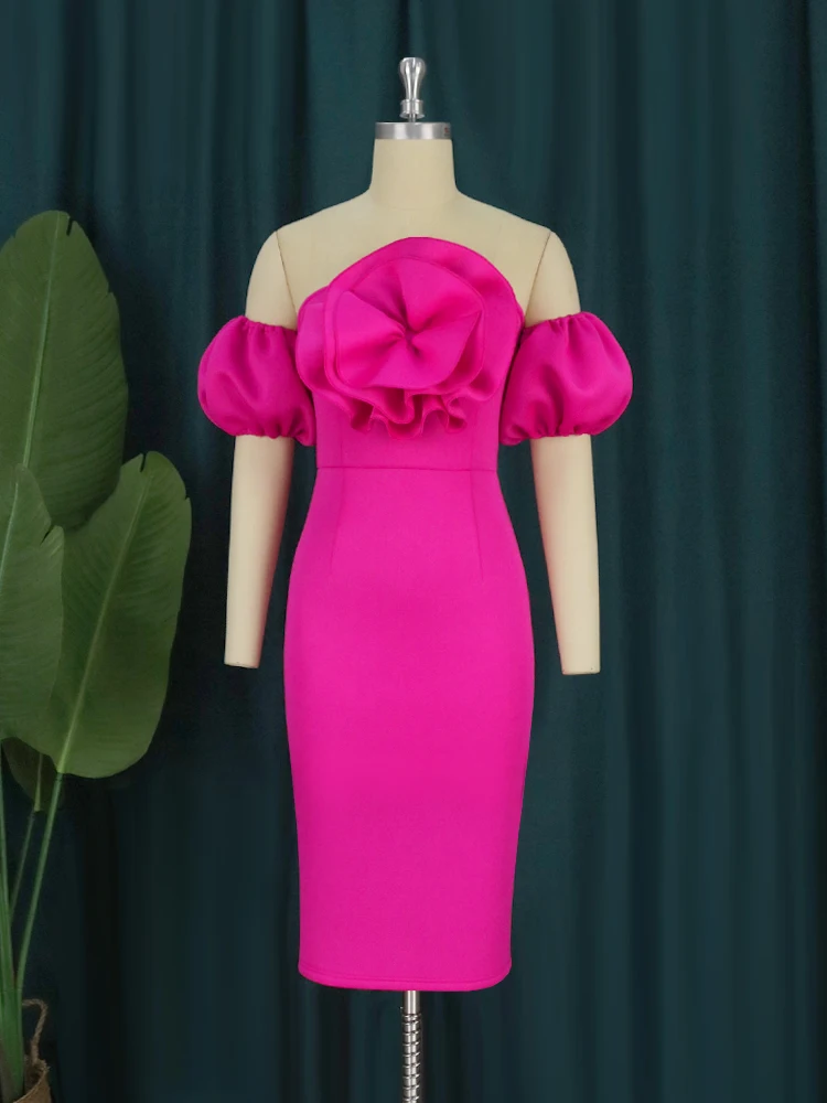 Cold Shoulder Party Dresses Plus Size 4XL Women Fuchsia Puff Sleeve Flower Stylish High Waist Cocktail Even Dress Outfit Summer