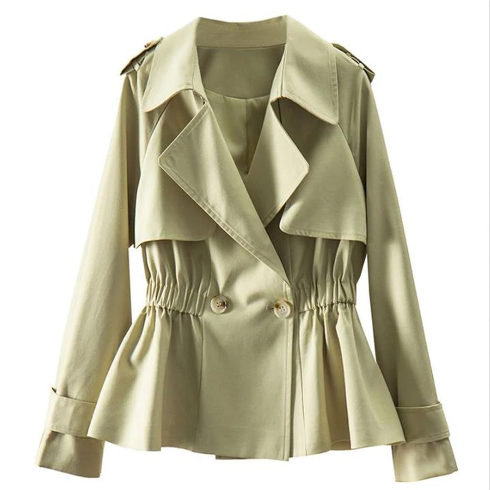 

Spring Black Short Slim Trench Coat for Women Raglan Sleeve Drawstring Lapel Double Breasted Outerwear Fashion Blends Overcoat