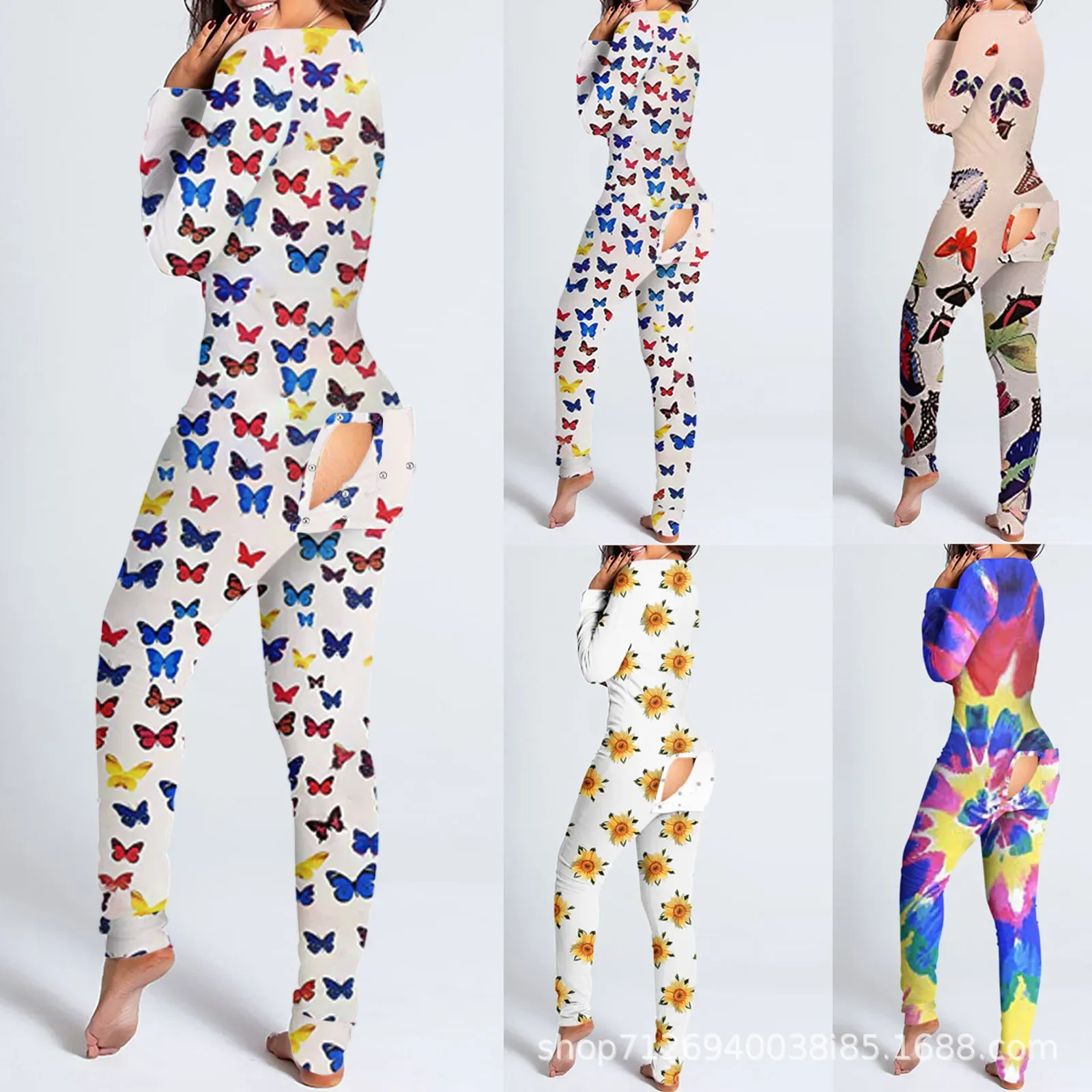 Women Home Wear Jumpsuit Printed Button-type Button-flip Adult Pajamas Long Sleeve Overall