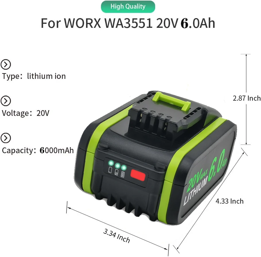 Bateria de Substituição Wa3553 Wa3551 para Ferramentas Elétricas de Bateria Worx 20v Wa3551 Wa3572 Wa3553 Wx390 Wa3551 Wx176 Wx178 Wu268 Wx16 6.4 - Image 3