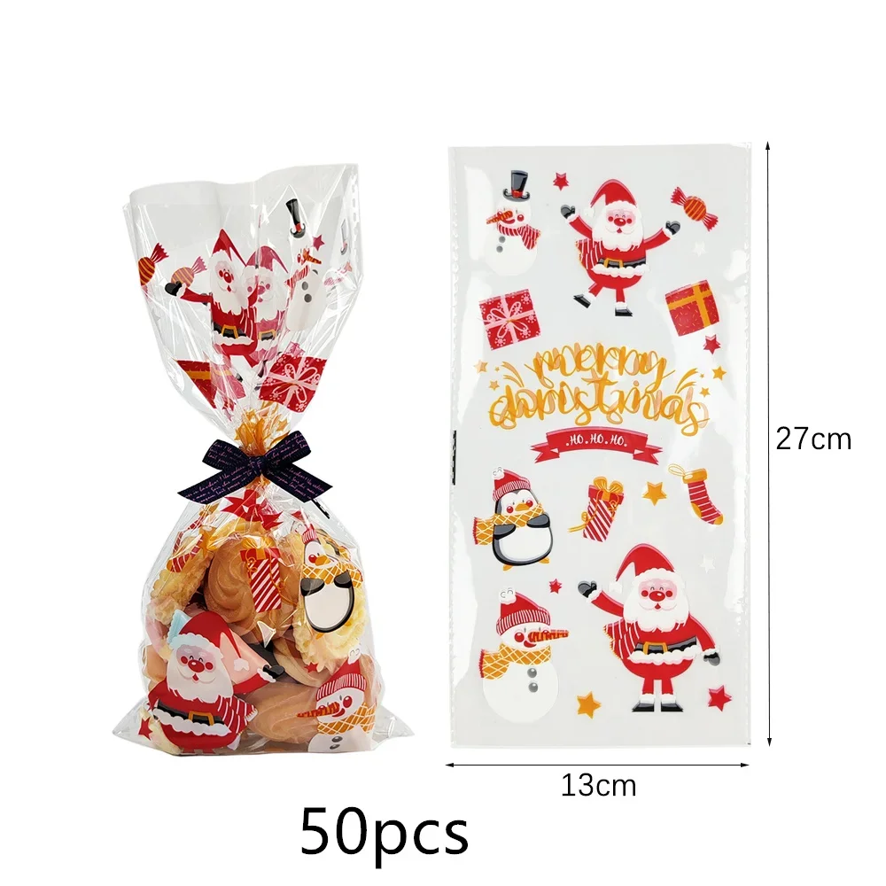 Christmas Gift Bags 50pcs Christmas Transparent Plastic Gift Bag Candy Biscuit Cookie Snacks Baking Bag New Year Merry Christmas Party Decoration