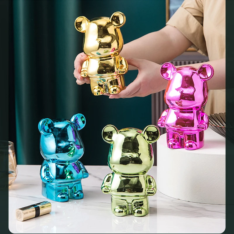 Bear Ceramic Plating Save Money Bank Nordic Home Decoration Cute Bear Sculpture Light Luxury Desktop Figurines Living Room Decor 3