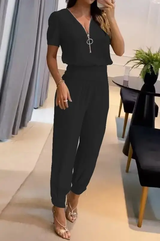 Women Solid Color Pants Sets Casual Elegant V-Neck Short Sleeve Work Daily Puff Sleeve Top & High Waist Cuffed Pocket Pants Set