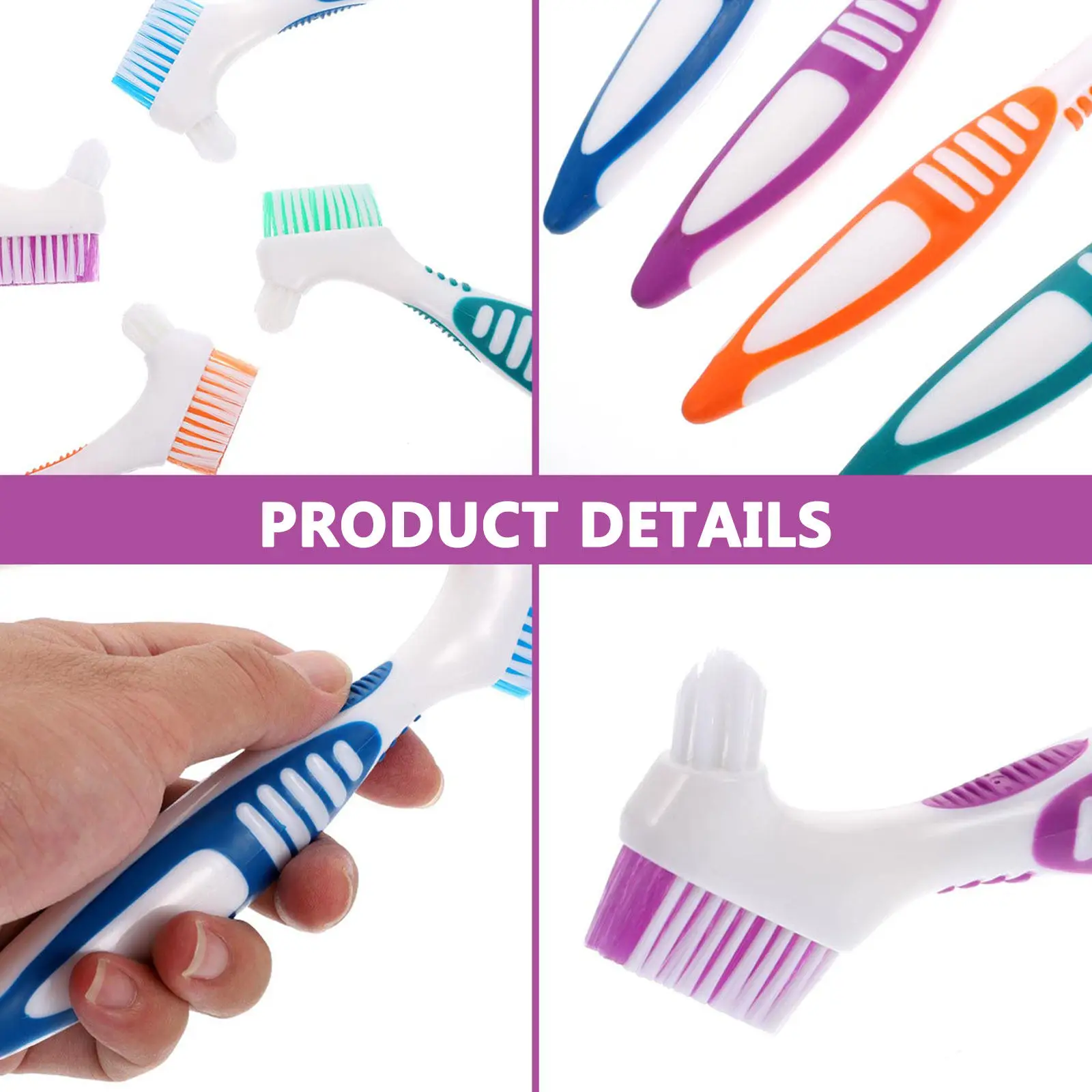 4Pcs 틀니 칫솔 양면 휴대용 청소 브러시 ??편안한 손잡이 가정용 부분 세미 풀 틀니 관리