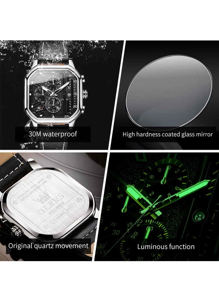 OLEVS Luxury Brand Watch For Men Square Dial Business Fashion Leather Watch Chronograph Sport Quartz Clock Reloj Hombre
