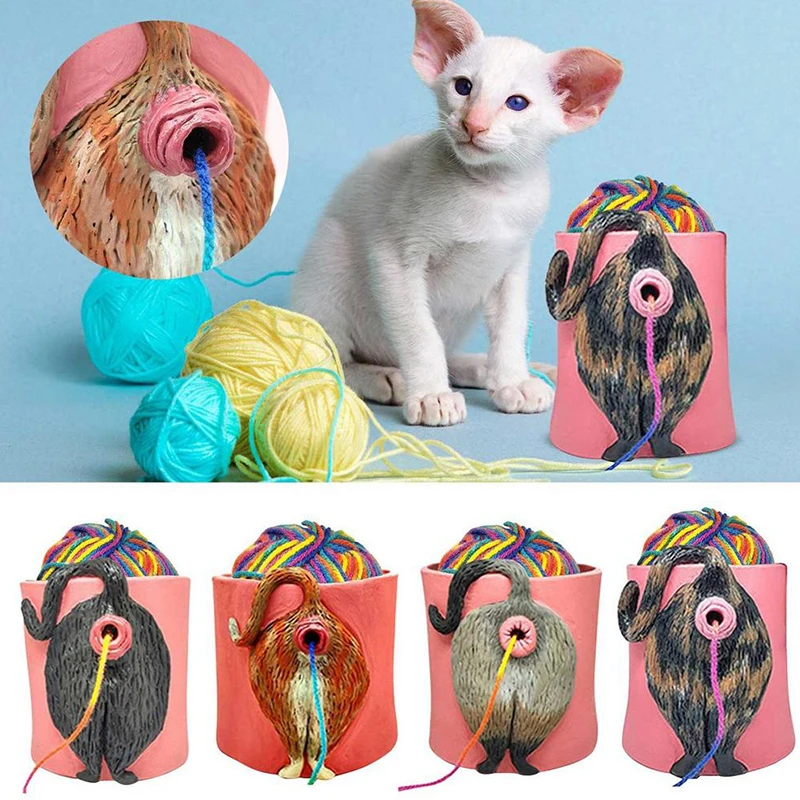 Resin Cat Yarn Bowl Creative Hand Knitting Yarn Storage Container with Hole Crochet Wool Thread Craft Organizer Supplies