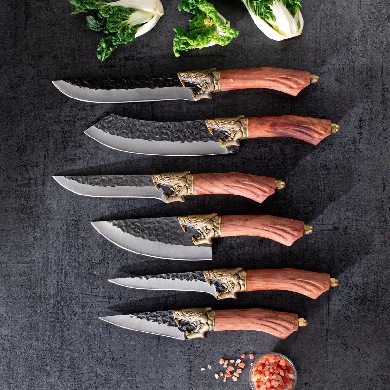 

Handmade Forged Longquan Knife Sharp Chefs Cleaver Slicing Boning Salmon Viking Kitchen Knives Brass Dragon Decor Wood Handle