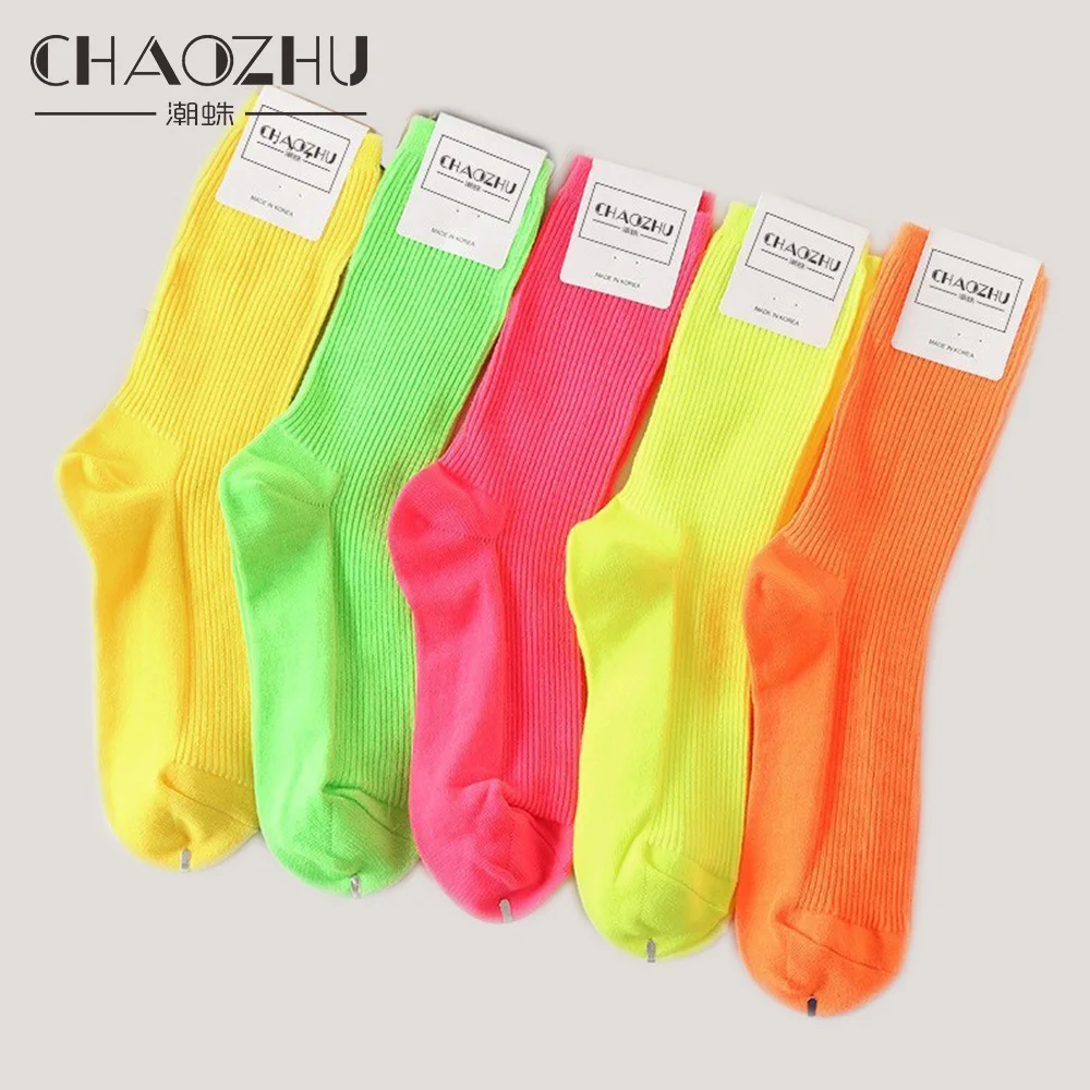 

color CHAOZHU Neon Teenager Younger candy Fluorescent thread loose solid funny party women socks bright harajuku skarpetki meias
