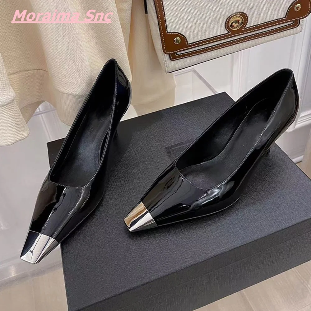 

2022 Summer Concise Women Shoes Black Thin High Cover Heel Sexy Leather Metal Patent Pointed Toe Comfortable Party Office Sandal