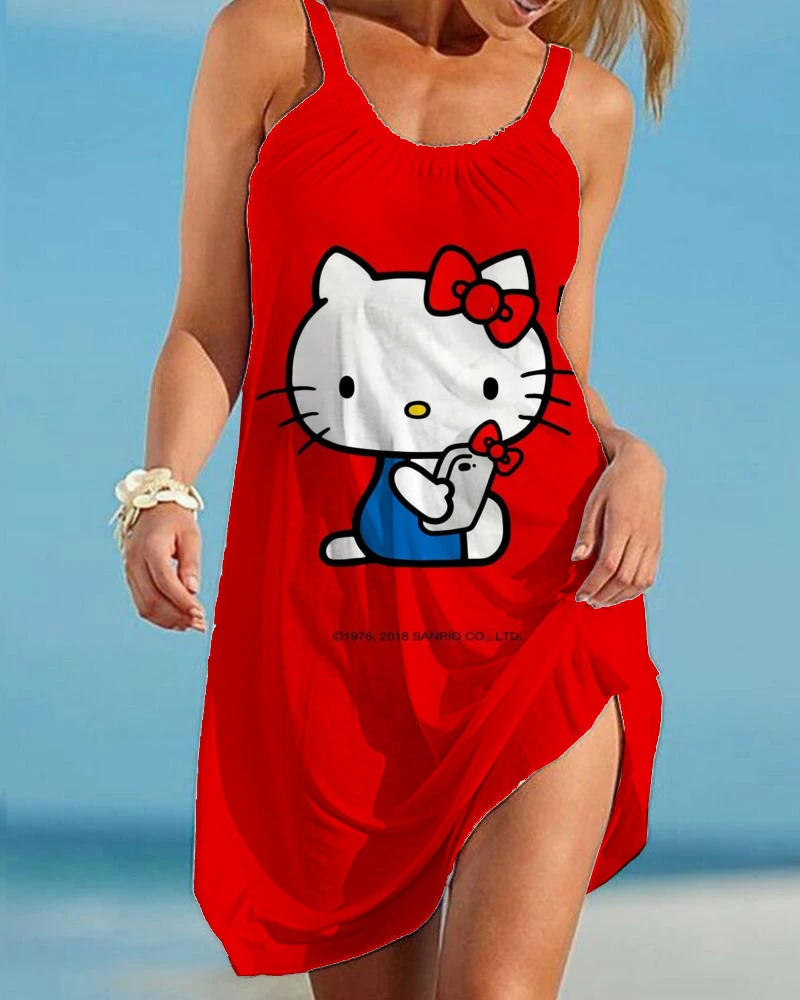 

2023 Hello Kitty 3D Print Beach Dress Sleeveless Sexy Dress Bikini Summer Holiday Beach Casual Strap Dress