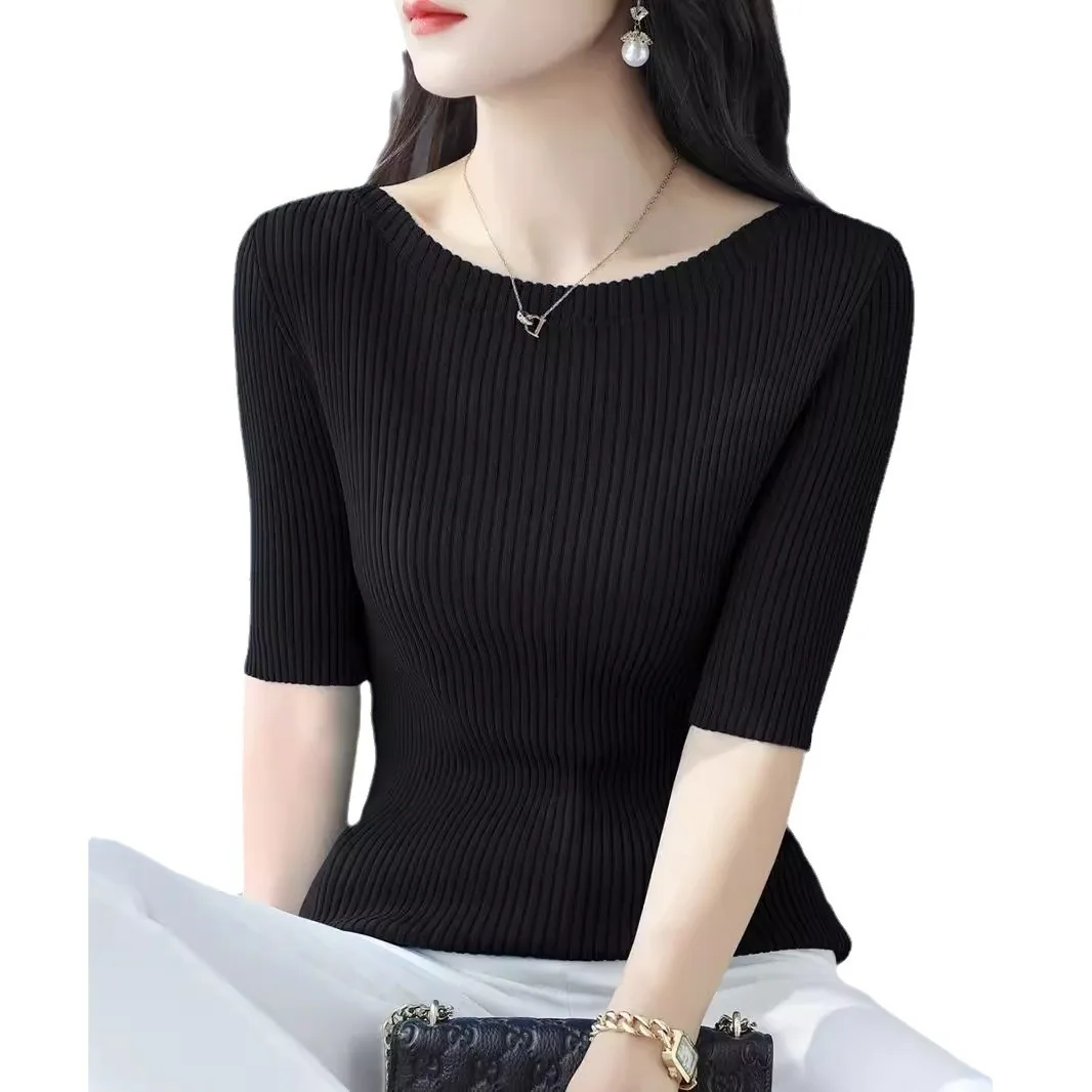Women Short Sleeve Slim Knitted Pullover Sweater Top