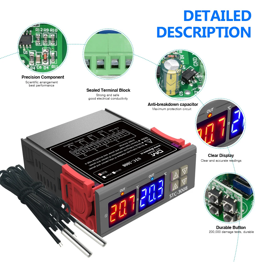 STC-3008 Dubbele Digitale Temperatuurregelaar Dc 12V/24V AC110-220V Temperatuurregelaar Met Verwarming En Koelere Thermostaat