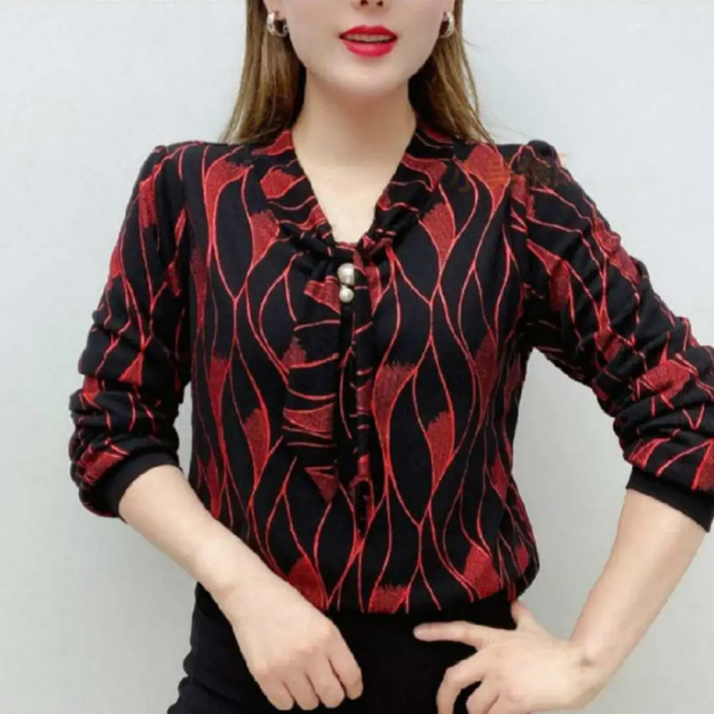 Strappy V-neck Women Top Stylish Women's V-neck Tie Shirt with Long Sleeves Faux Pearl Detailing Loose Fit Blouse Design Plus