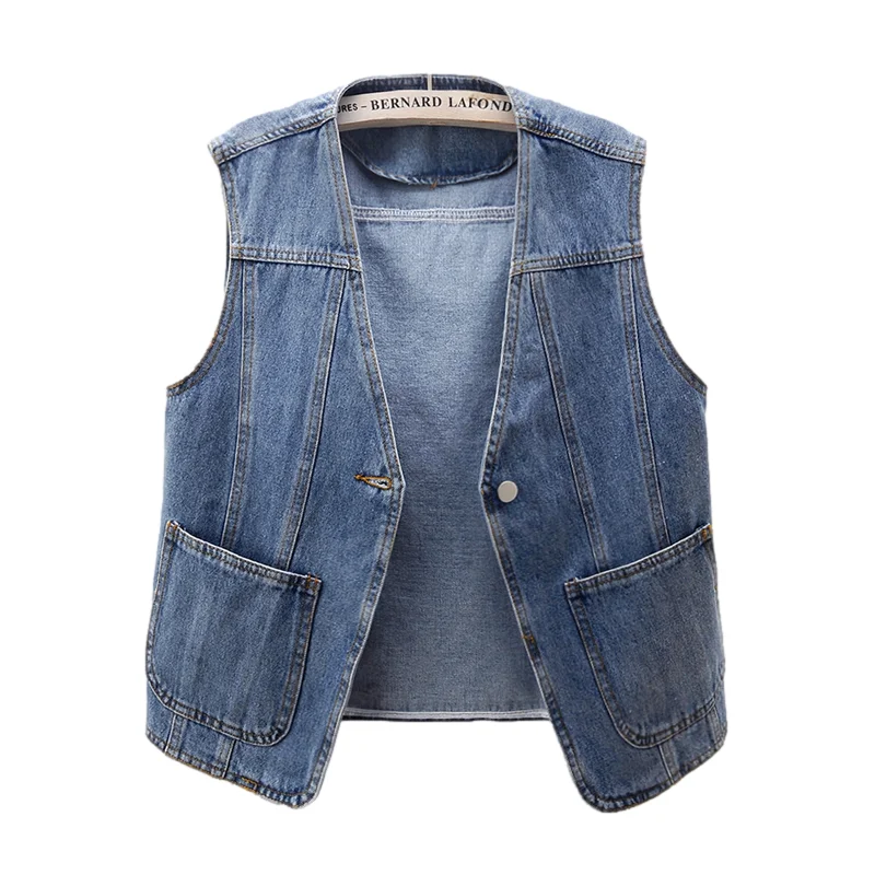 

Винтажный синий джинсовый жилет с V-образным вырезом и большими карманами, Женский облегающий короткий ковбойский жилет, Корейская джинсовая куртка без рукавов для женщин на весну и лето