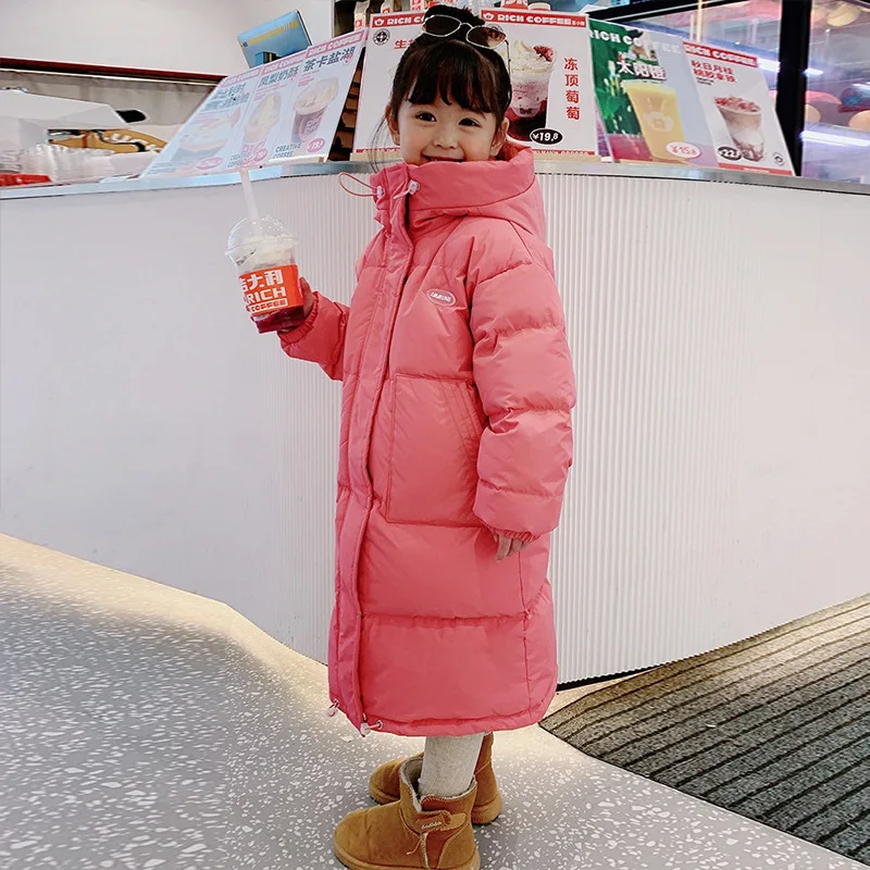 3-12 년 겨울 소녀 다운 재킷 긴 스타일 솔리드 컬러 패션 파카 코트 후드 지퍼 겉옷 생일 선물 아동복