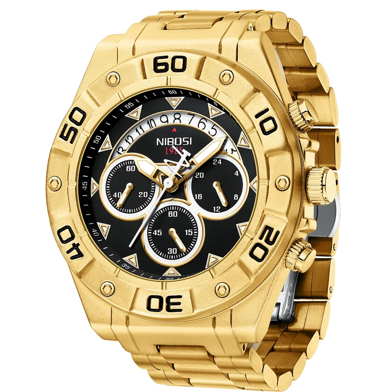 Nibosi Fashion Large Mens Watches Top Brand Luxury Stainless Steel Gold