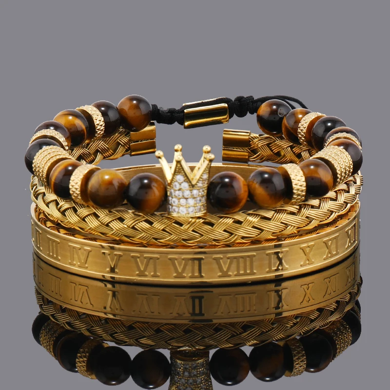 Luxury Set Tiger Stone Beads Crown Charms Man Bracelet Roman Stainless Steel Bangles Women Hand Jewelry Gift