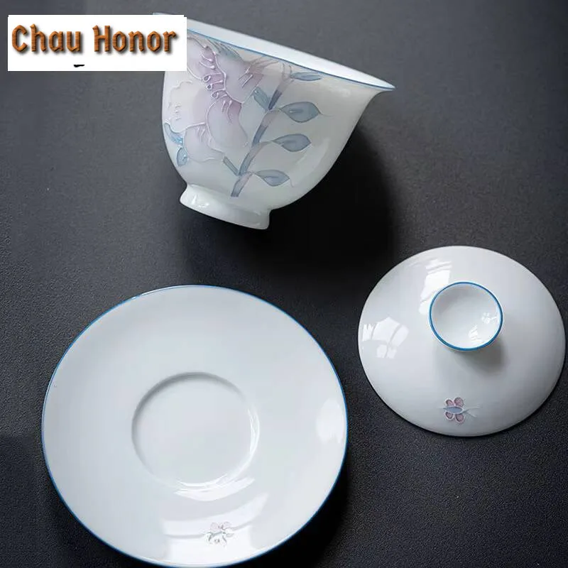175ml Hand Painted Pile Carving Lily Gaiwan Boutique Tea Tureen Tea Bowl with Lid Kit Tea Brewing Cover Bowl Cafes Ornaments