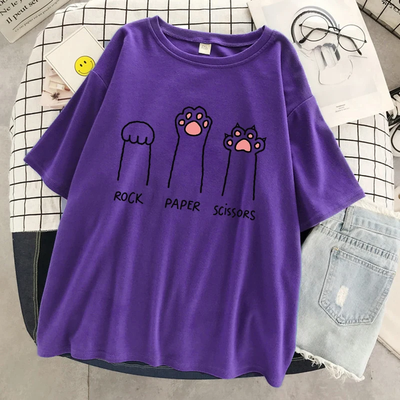 Rock Paper Scissors Funny Cat Print T Shirt Women Summer Soft Oversized Tops Fashion Casual Short Sleeve Street Cotton Tshirt