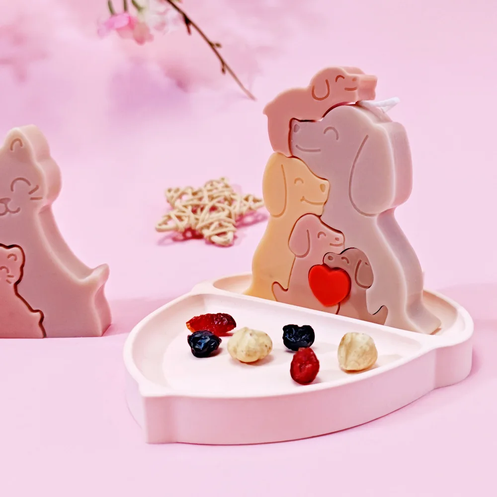 Dogs Family Puzzles Clay Silicone Mold Cat Bear Elephant Gypsum Plaster Mould Animal Craft Ornament Cement Concrete Resin Mold