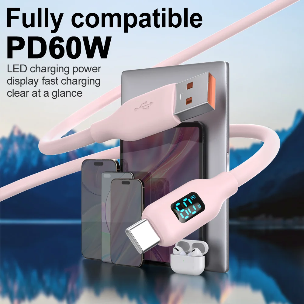 60W 고속 충전 USB A to USB C 케이블, 아이폰 17/16/15 ProMax, 아이패드, 에어팟 및 타입 C 태블릿용 유연한 핑크 실리콘 케이블