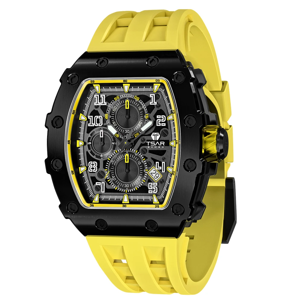 TSAR BOMBA Luxury Mens Watch Tonneau Wristwatch Japan VK67 Quartz Chronograph Sapphire ClockFashion Waterproof Watches for Men