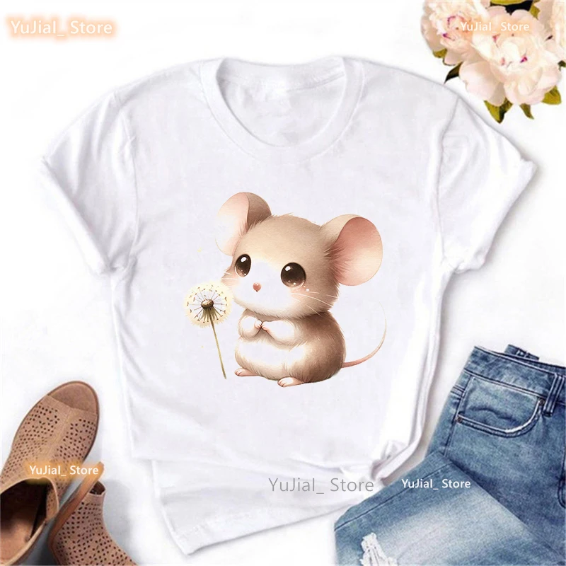 Maus Wunsch Löwenzahn Druck T-Shirt Mädchen Kawaii Kleidung Sommer Mode Tops T-Shirt Frauen Harajuku Shirt – Detail 2