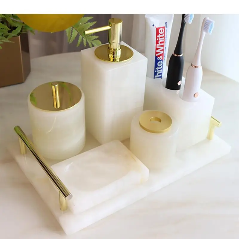 

Nordic Bathroom Toiletry Set Natural Marble Liquid Soap Dispenser Mouth Cup Cotton Swab Box Soap Dish Tray Washing Tools