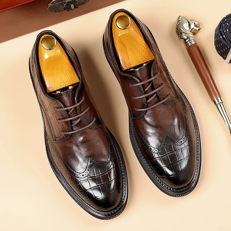 Brand Business Casual Leather Shoes Oxfords Shoes for Men Brown Black Business Lace-up Office Brogue Pointed Dress
