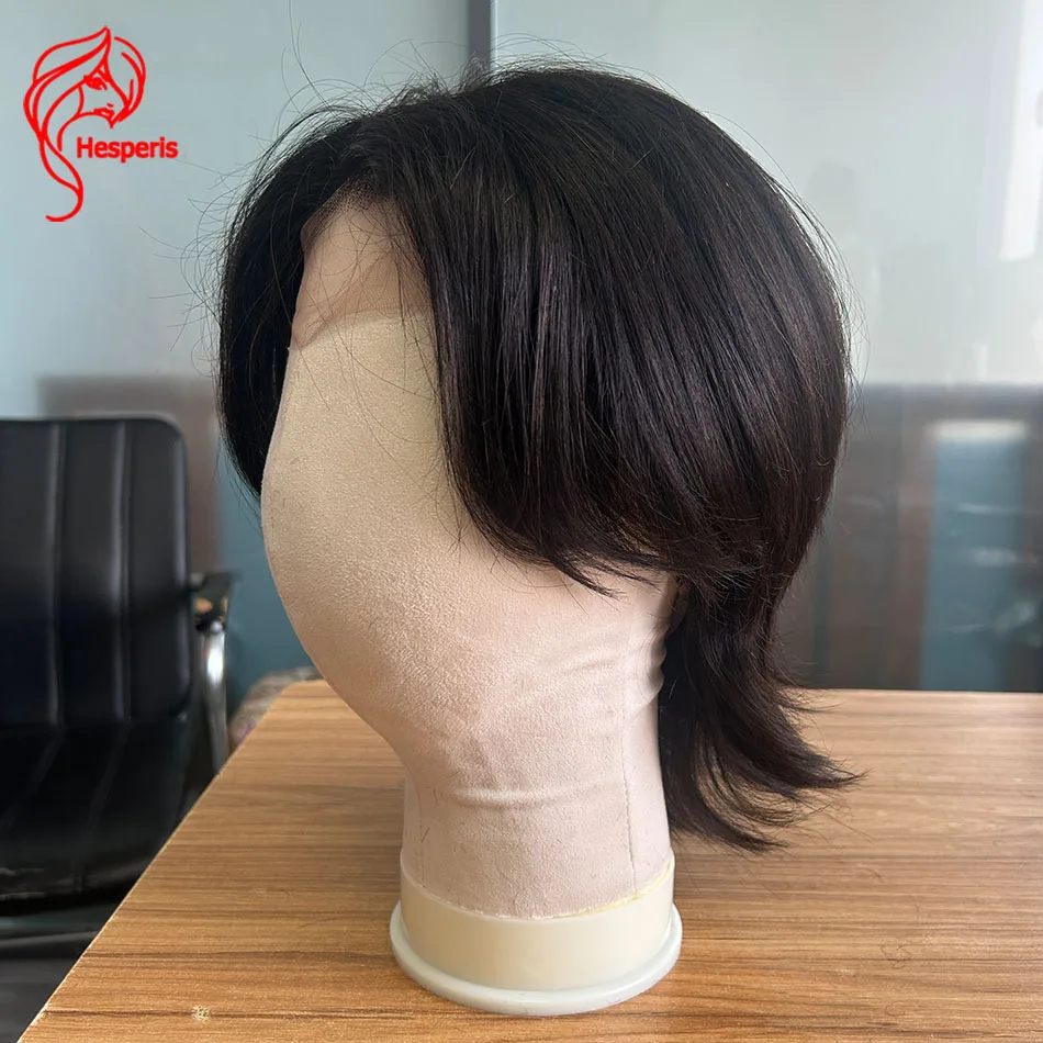 Hesperis Full Lace Human Hair Wigs For Male Natural Black Wolf Cut Men Wig Pre Plucked With Baby Hair Short Wigs For Men