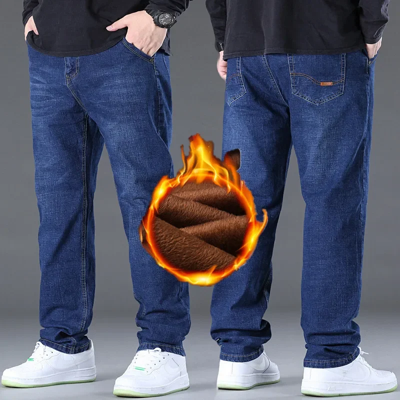 Plus Size Men's Casual Warm Jeans Winter Fleece-Lined Thickened Straight-Leg
