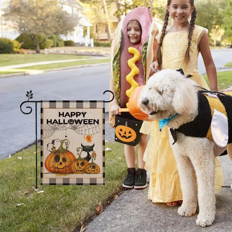 Halloween Trick Or Treat Garden Flag Ghost Dog 12x18Inch Small Double Sided Burlap Welcome Yard Dachshund Skeleton Outside Decor