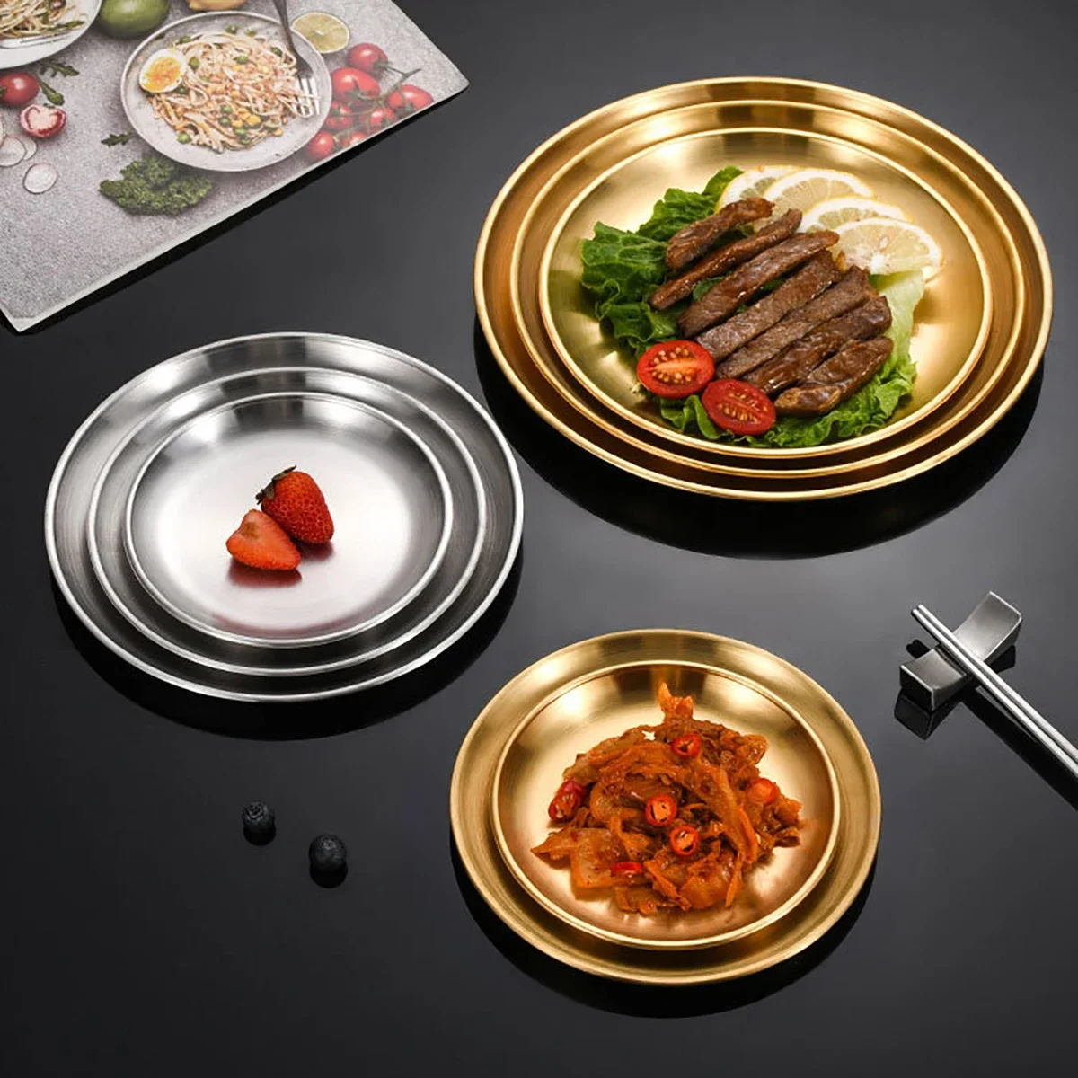 8Pcs Stainless Steel Bone Spitting Dish Korean Style Gold Shallow Tray Fork Metal Dining Disc Round Plate Dessert Tableware