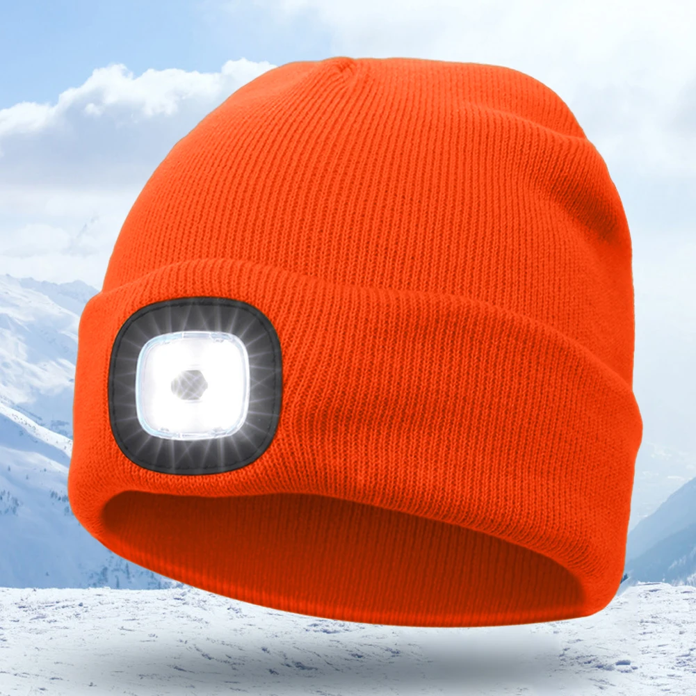 Winter Warm Knit Beanie 8 Hours High Powered Light 4 LED Beanie Hat USB Rechargeable Hands Free Headlamp Cap for Running Hiking
