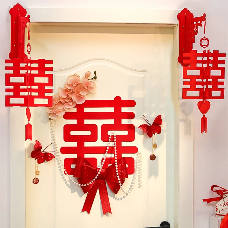 Chinese Wedding Double Happiness Crafts Wall Mount Wood Decorations New House Supplies Decorative Home Bedroom Decor DIY Durable Exquisite Square