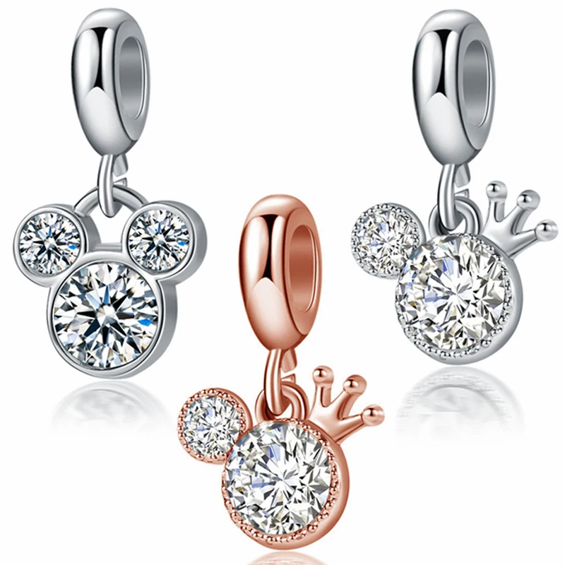 

Clear Crystal Mickey Dangle Fit Pandora Charms Bracelet Rose Crown Minnie Mouse Beads DIY Bijoux For Women Disney Pendant Bangle