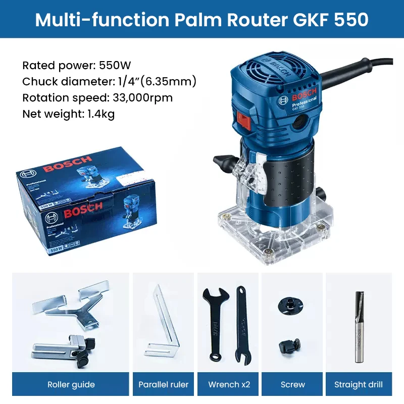

Bosck GKF 550 Multi-Function Palm Router Arc Trimming Wood Slotting Furniture Processing Home DIY Electric Woodwork Router Tool