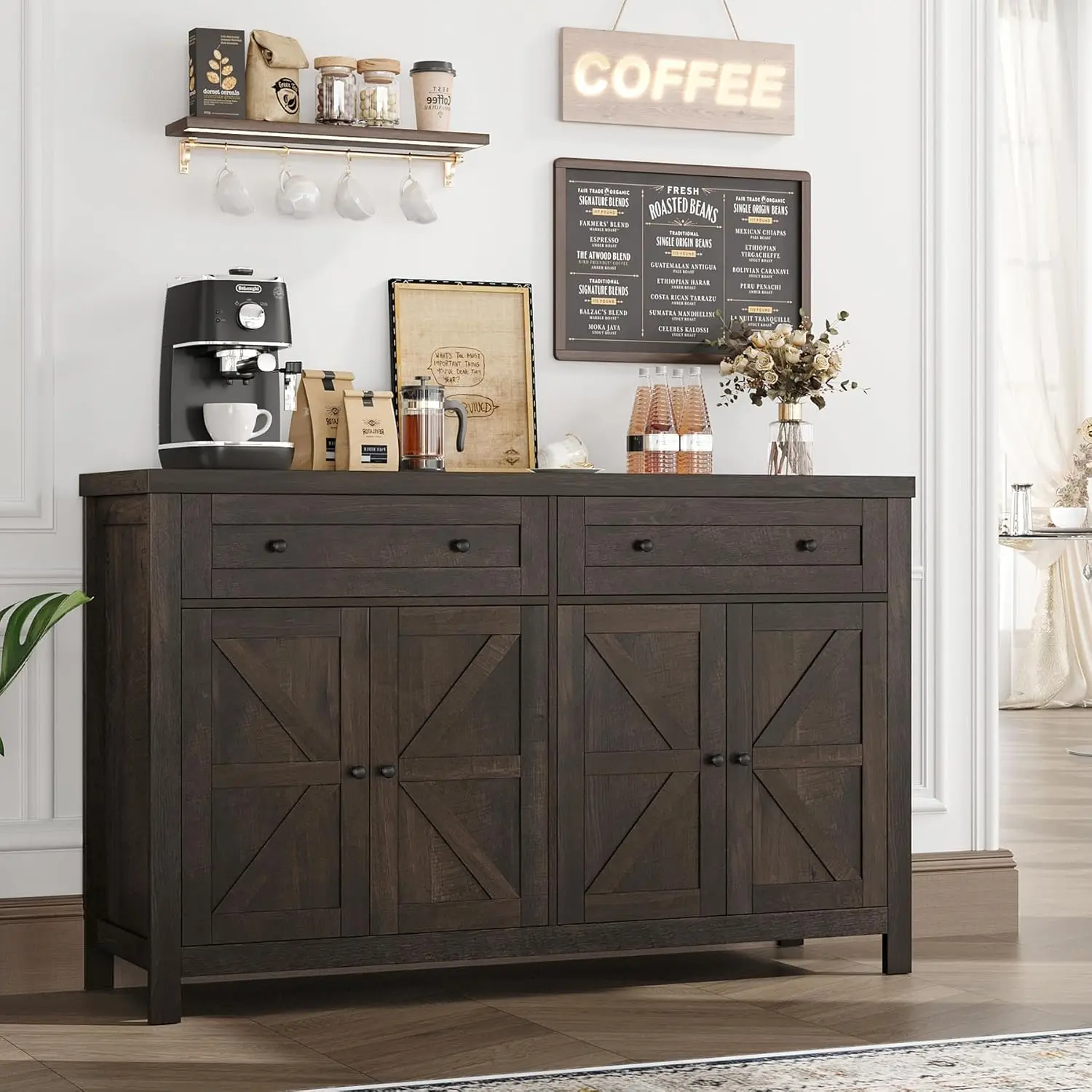 55" Buffet Sideboard Cabinet with Storage, Modern Farmhouse Coffee Bar Cabinet with Drawers and Shelves, Barn Doors Storage 2