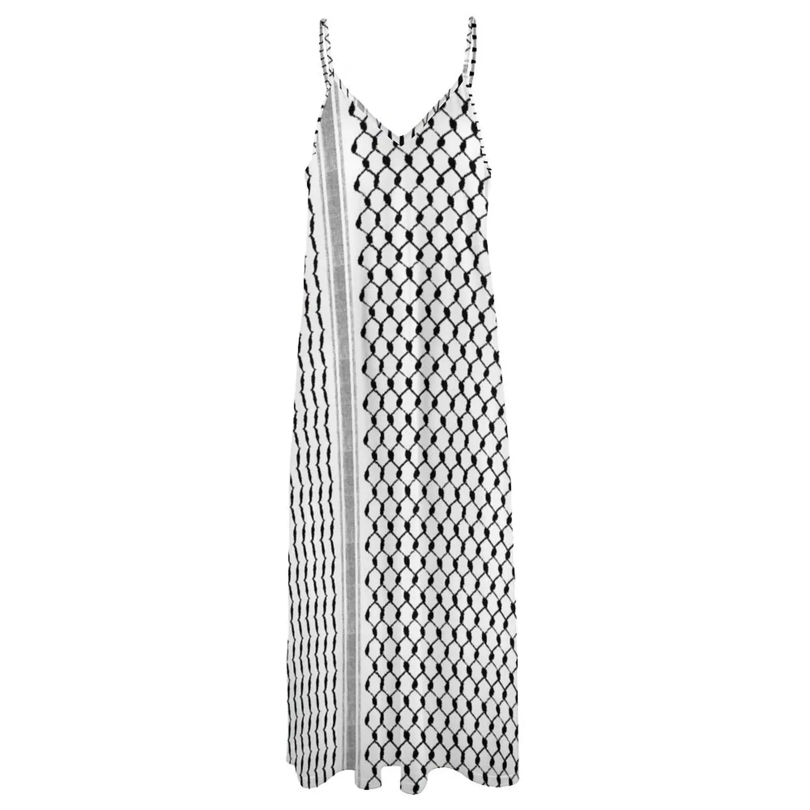 Palestinian Hatta Kufiya Folk Pattern #2-Black, Palestine Arabic Traditional Keffiyeh Design Sleeveless Dress