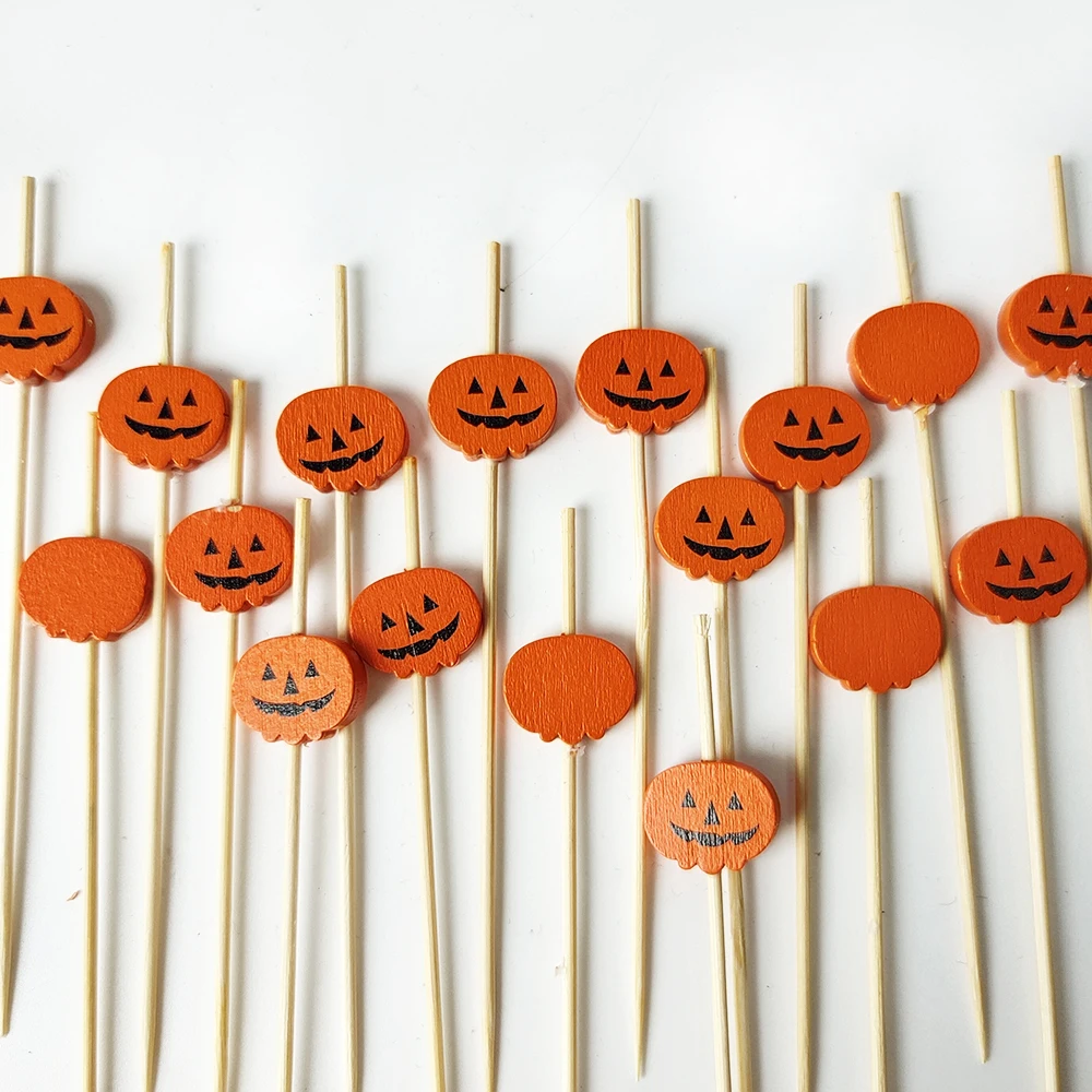 100 Stück Halloween Kürbis Bambus Spieße Obst Gabel Dessert Salat Gemüse Einweg Sticks Zahnstocher Spieß Halloween Dekor – Detail 24