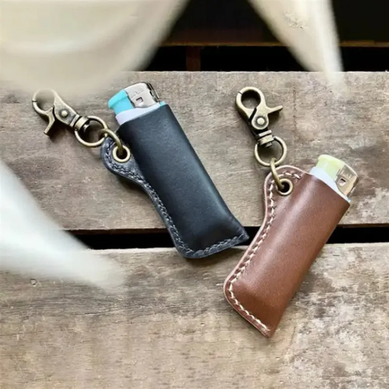 Elegant Retro PU Leather Lighter Case - Stylish Protective Shell with Keychain Attachment