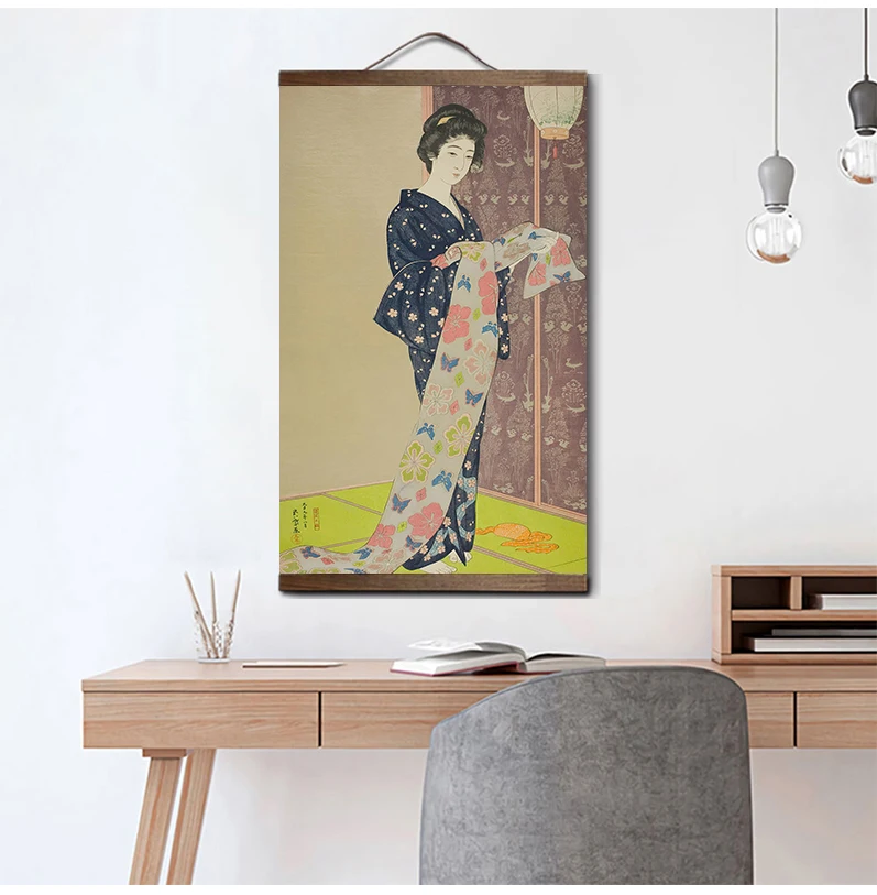 

Декоративная картина маслом на холсте в японском стиле, настенные картины для спальни, для гостиной, из массива дерева, картины с прокруткой