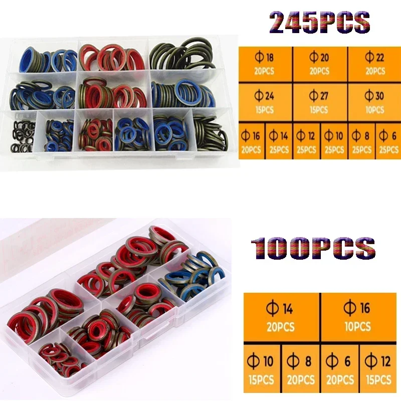 100/245pcs High Press Hydralic Rubber Oil Pip Bonded Washer NBR Metal Seal Ring Drain Plug Gasket Fit Combined Sealing Set