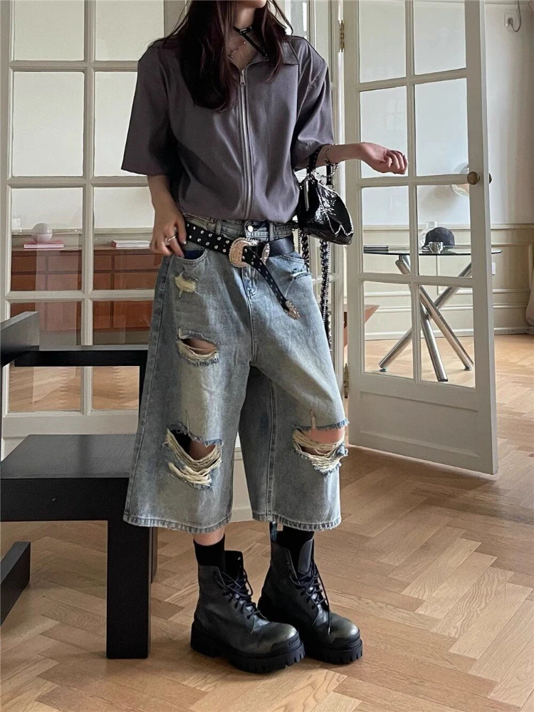 

ADAgirl Ripped Jeans Calf-Length Pants Women Hip Hop Fashion Oversize Hollow Out Denim Shorts Streetwear Vintage Summer Bottoms