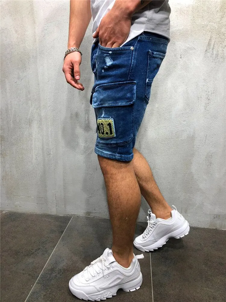 Men's Denim Cargo Shorts, 1912 Blue & Sky Blue, Stretch Jeans, Anti-Old, Street Style, Medium Size, Cover Pocket
