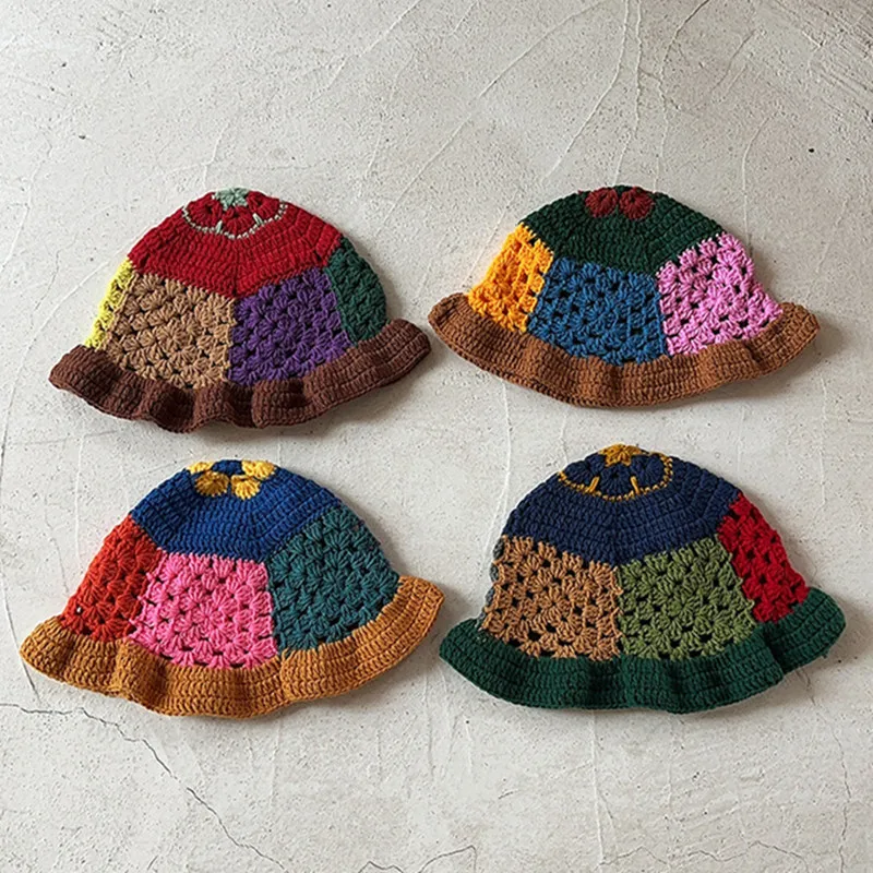 

48-52cm Colored Flower Girls Fisherman Hat 2023 Hollow Knitted Colored children Basin Hat Spring and Autumn Bucket Hat