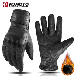 Vintage Winter Leather Motorcycle Gloves - Fleece - Lined, Protective, Anti - Fall, Touch - Sensitive - XXL (Black)
