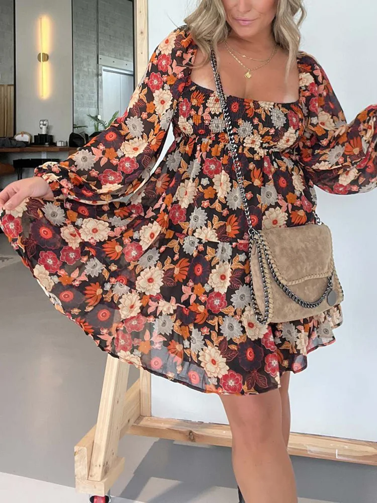 

Female 2024 New Spring Summer Dress Chic Women Print Patchwork Mini Dress Casual Long Sleeve Loose Ruffles Dress Holiday Vestido