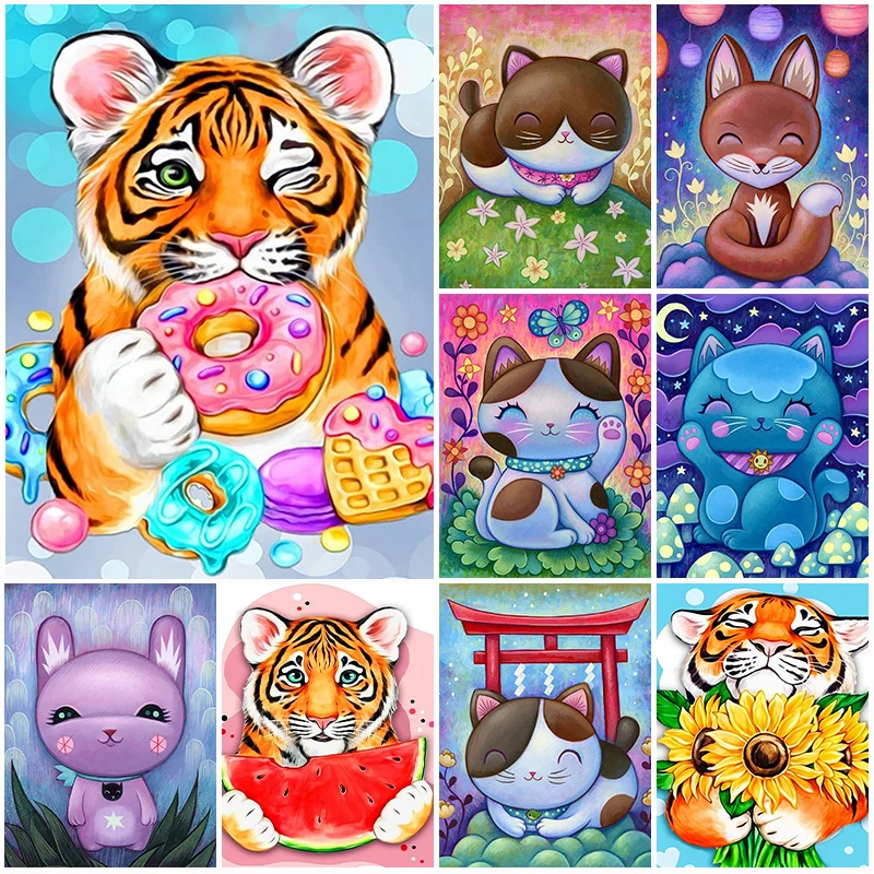 

Cat 5D DIY Diamond Painting Cartoon Animal Full Round Diamond Embroidery Rhinestone Mosaic Tiger Cross Stitch Home Decor Gift