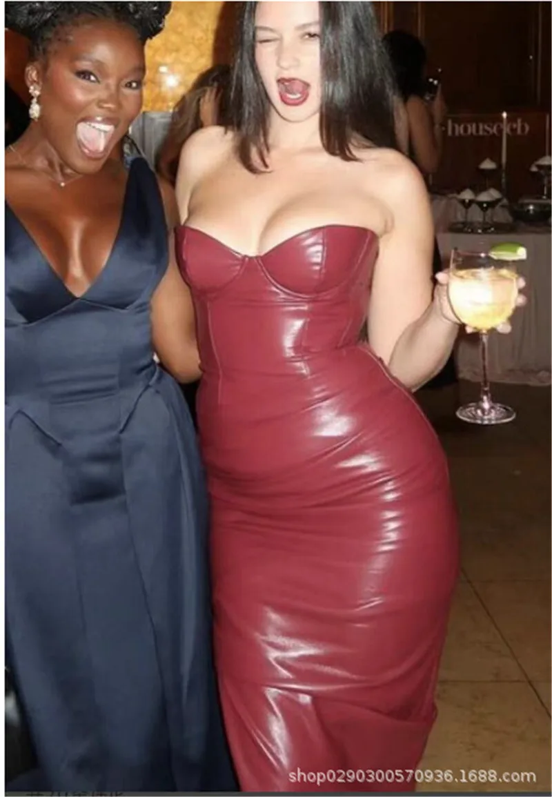 Wine Red Strapless Sexy PU Leather Maxi Dress Women Fashion Off-shoulder Backless Lace-up Bodycon Club Party Long Dress